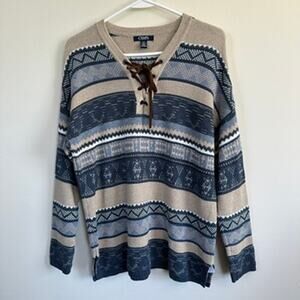 CHAPS Southwest Geometric Stripe Lace Up Henley Sweater Blue Cream Women Small